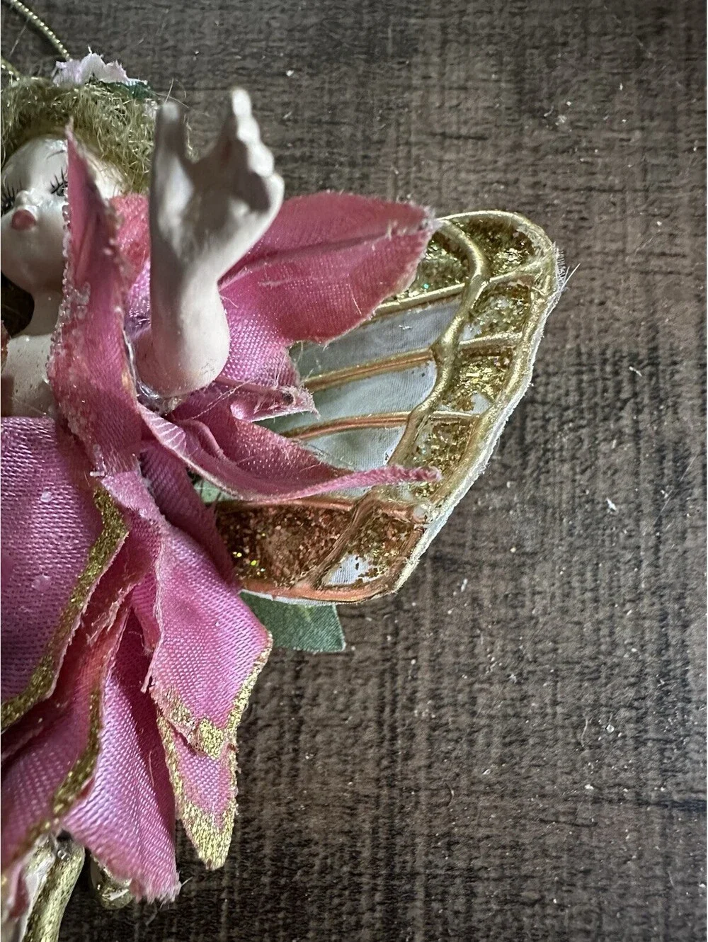 Vintage Pink Fairy Angel Christmas Ornament Porcelain Face Gold Glitter Wings